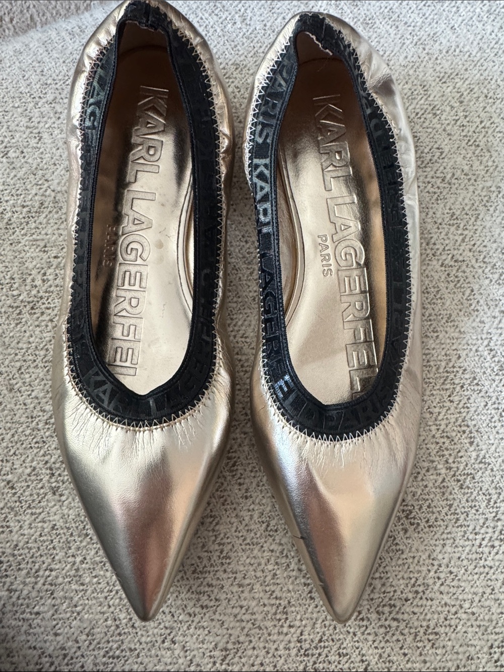 Karl Lagerfeld Metallic Silver Pointed-Toe Ballet Flats with Black Trim